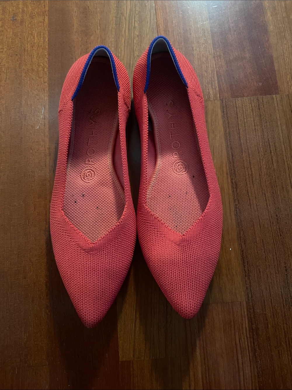 Rothy's Pointed Knit Ballet Flats in Red with Blue Trim